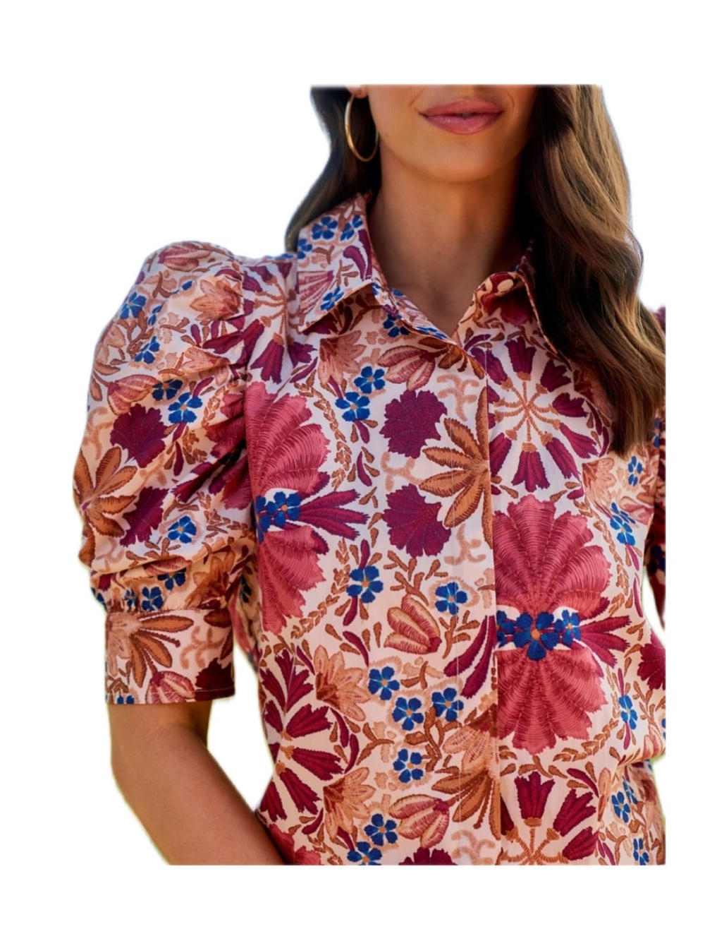 Avara Gretchen Floral Puff-Sleeve Button-Up Blouse